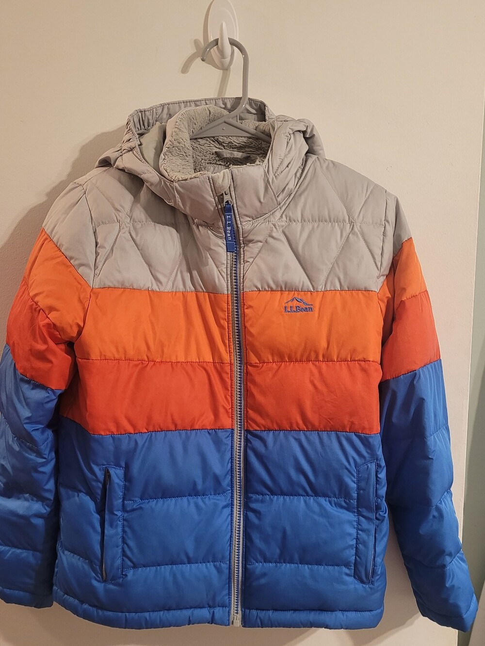 L.L. Bean Kids' Colorblock Hooded Puffer Jacket - Gray, Orange & Blue